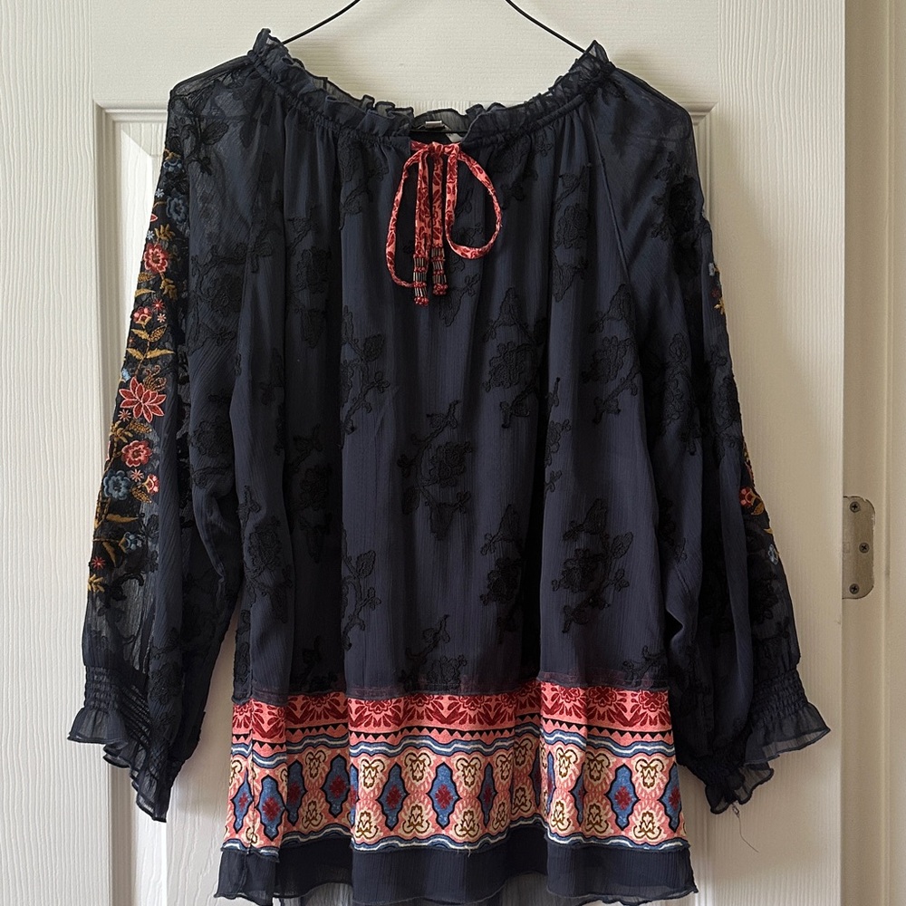 John Mark Navy Blouse with Vibrant Embroidery